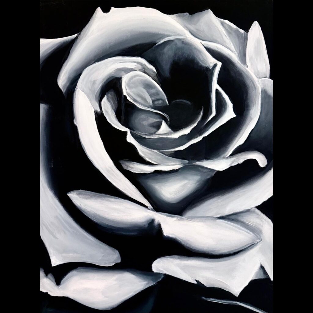 Peinture acrylique en noir et blanc d’une rose, contraste entre lumière et obscurité.