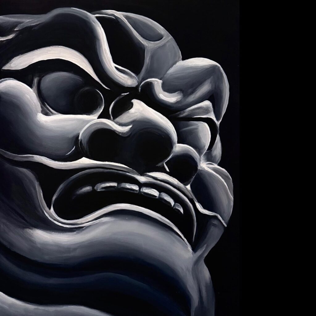 Peinture acrylique en noir et blanc représentant un lys, symbole de pureté et de renaissance.