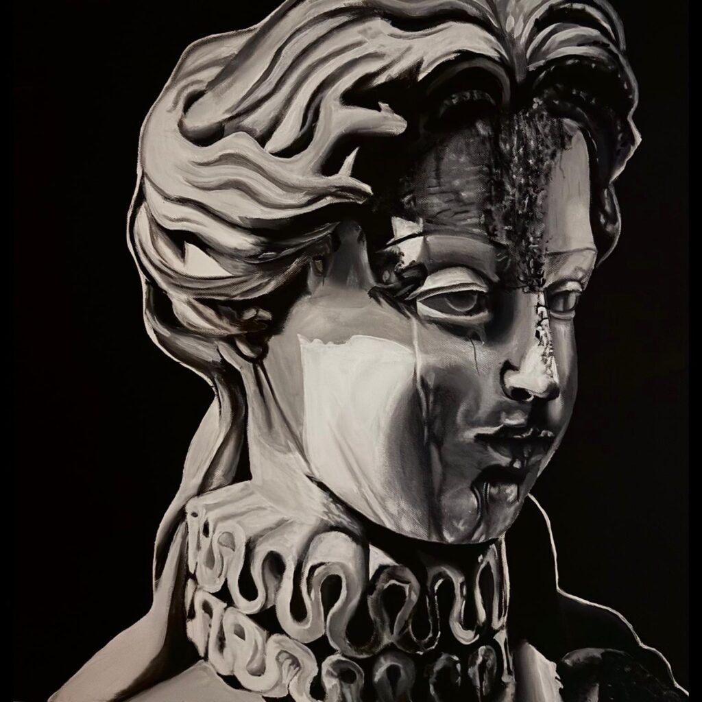 Peinture en noir et blanc représentant Sissi l’Impératrice, mélange de noblesse et de mélancolie.