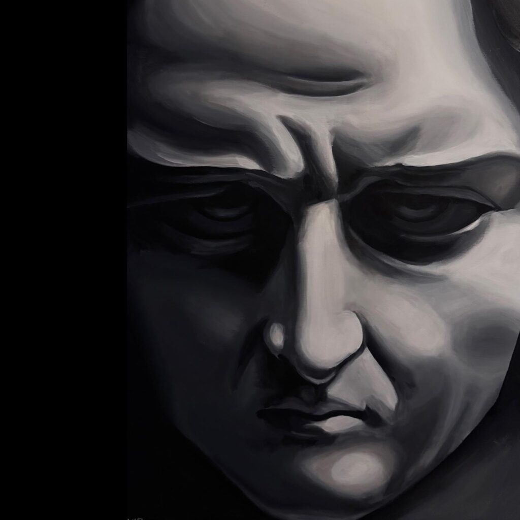 Texte alternatif : Peinture acrylique en noir et blanc représentant un visage sévère, marqué par l’ombre et la lumière.