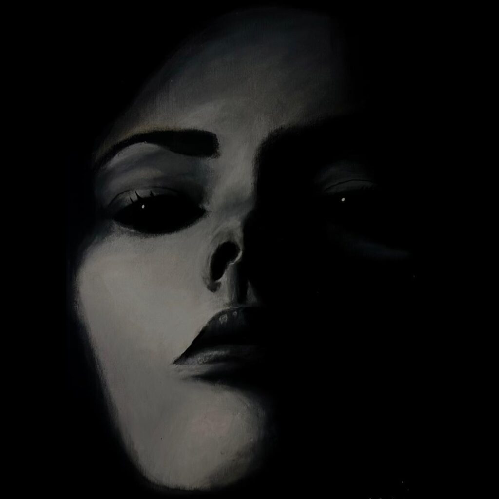 Peinture acrylique en noir et blanc représentant un visage féminin en clair-obscur, 30x40cm