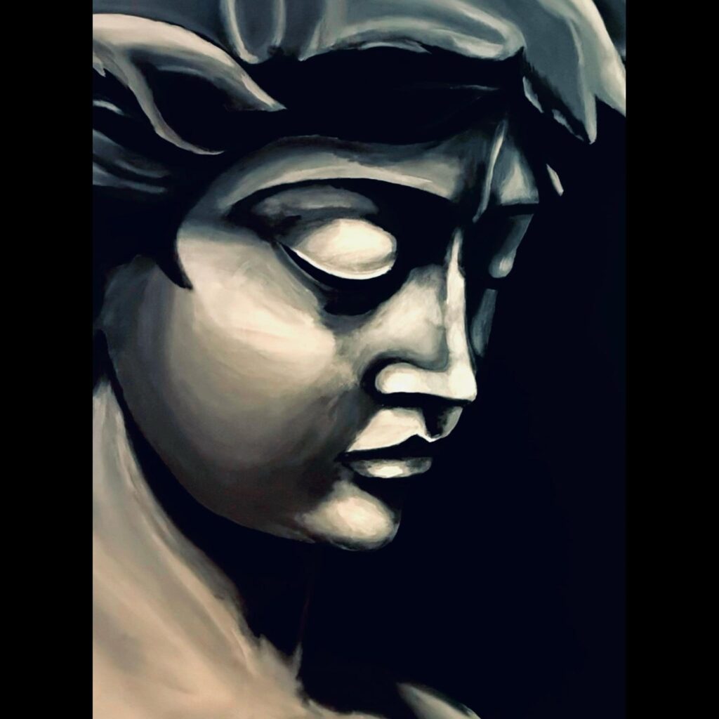 Portrait peint en noir et blanc d’un visage sculptural, yeux clos, exprimant silence et sérénité.