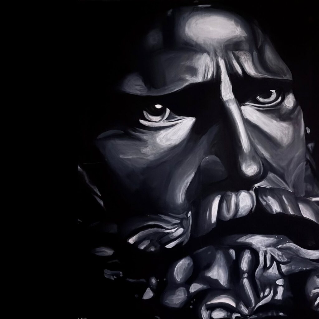 Peinture acrylique en noir et blanc représentant un visage sculptural masculin, expression grave et intemporelle.