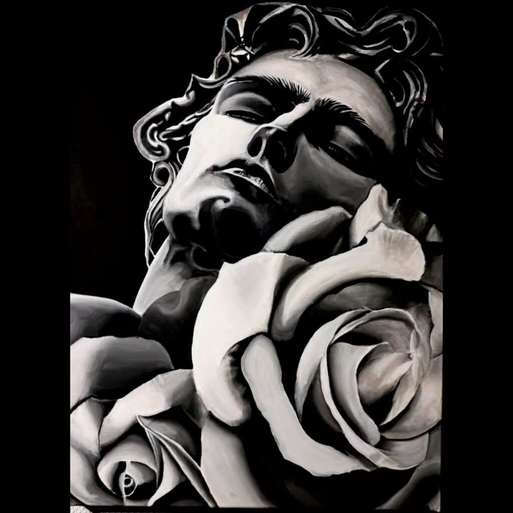 Peinture acrylique noir et blanc représentant un visage de statue entouré de roses.